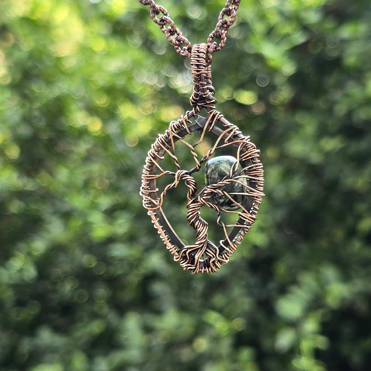 Seraphinite Gemstone Handmade Copper Wire Wrap Chain Pendant 2.16" Sunkarton