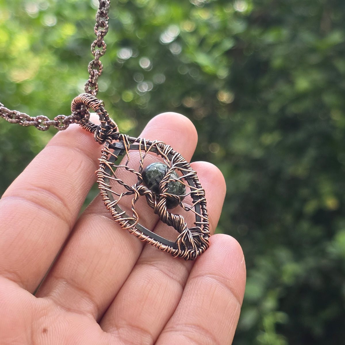 Seraphinite Gemstone Handmade Copper Wire Wrap Chain Pendant 2.16" Sunkarton