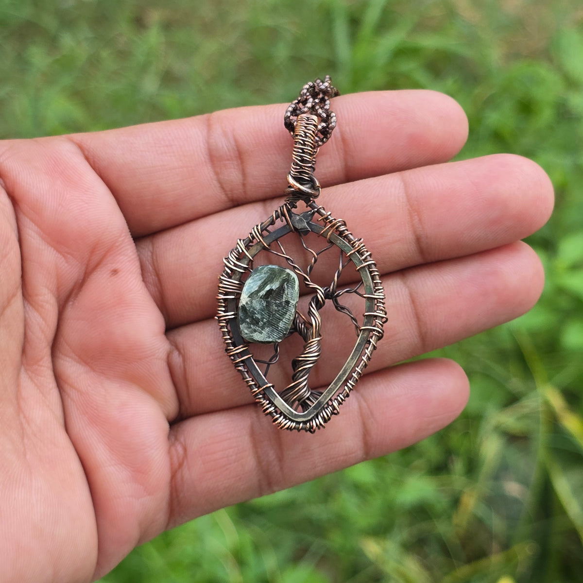 Seraphinite Gemstone Handmade Copper Wire Wrap Chain Pendant 2.16" Sunkarton