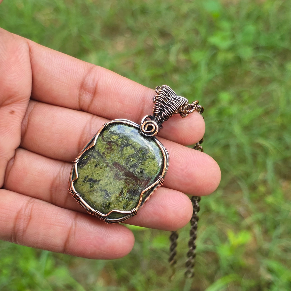 Dragon Bloodstone Gemstone Handmade Copper Wire Wrap Chain Pendant 2.16" Sunkarton