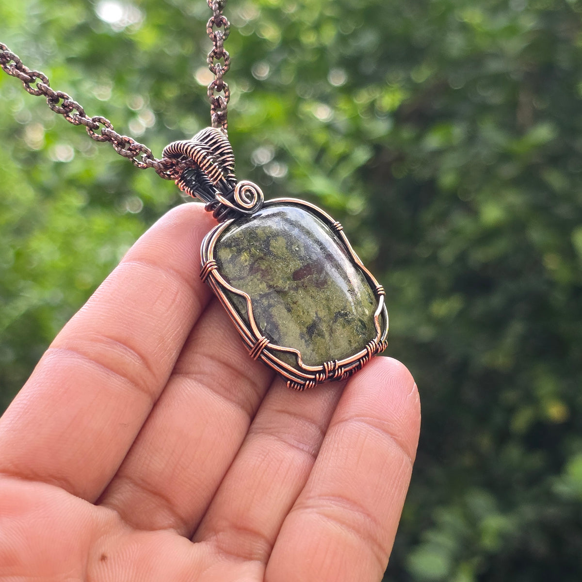 Dragon Bloodstone Gemstone Handmade Copper Wire Wrap Chain Pendant 2.16" Sunkarton