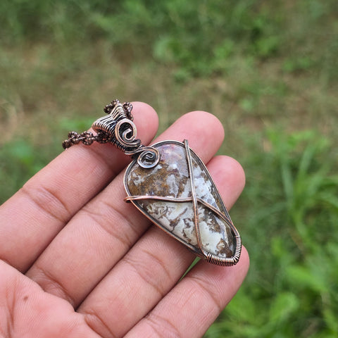 Thunder agate Gemstone Handmade Copper Wire Wrap Chain Pendant 2.36