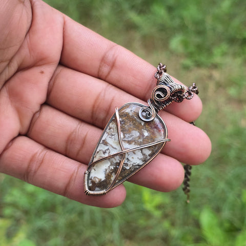 Thunder agate Gemstone Handmade Copper Wire Wrap Chain Pendant 2.36