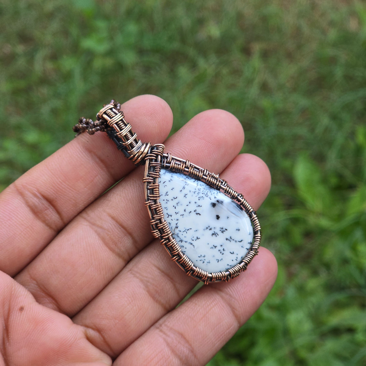 Dendrite Opal Gemstone Handmade Copper Wire Wrap Chain Pendant 2.36" Sunkarton