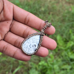 Dendrite Opal Gemstone Handmade Copper Wire Wrap Chain Pendant 2.36" Sunkarton