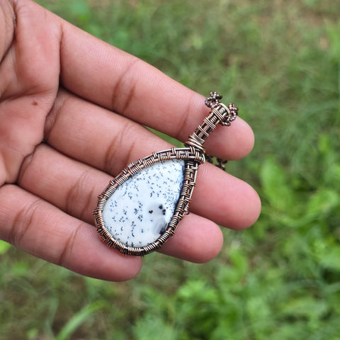 Dendrite Opal Gemstone Handmade Copper Wire Wrap Chain Pendant 2.36