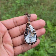 Dendrite Opal Gemstone Handmade Copper Wire Wrap Chain Pendant 2.36" Sunkarton