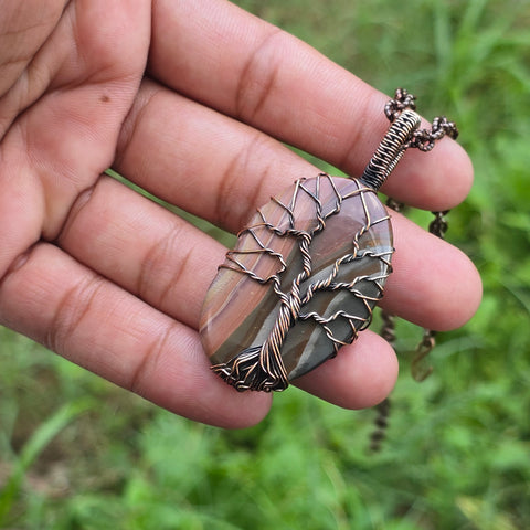 Polychrome Jasper Gemstone Handmade Copper Wire Wrap Chain Pendant 2.55