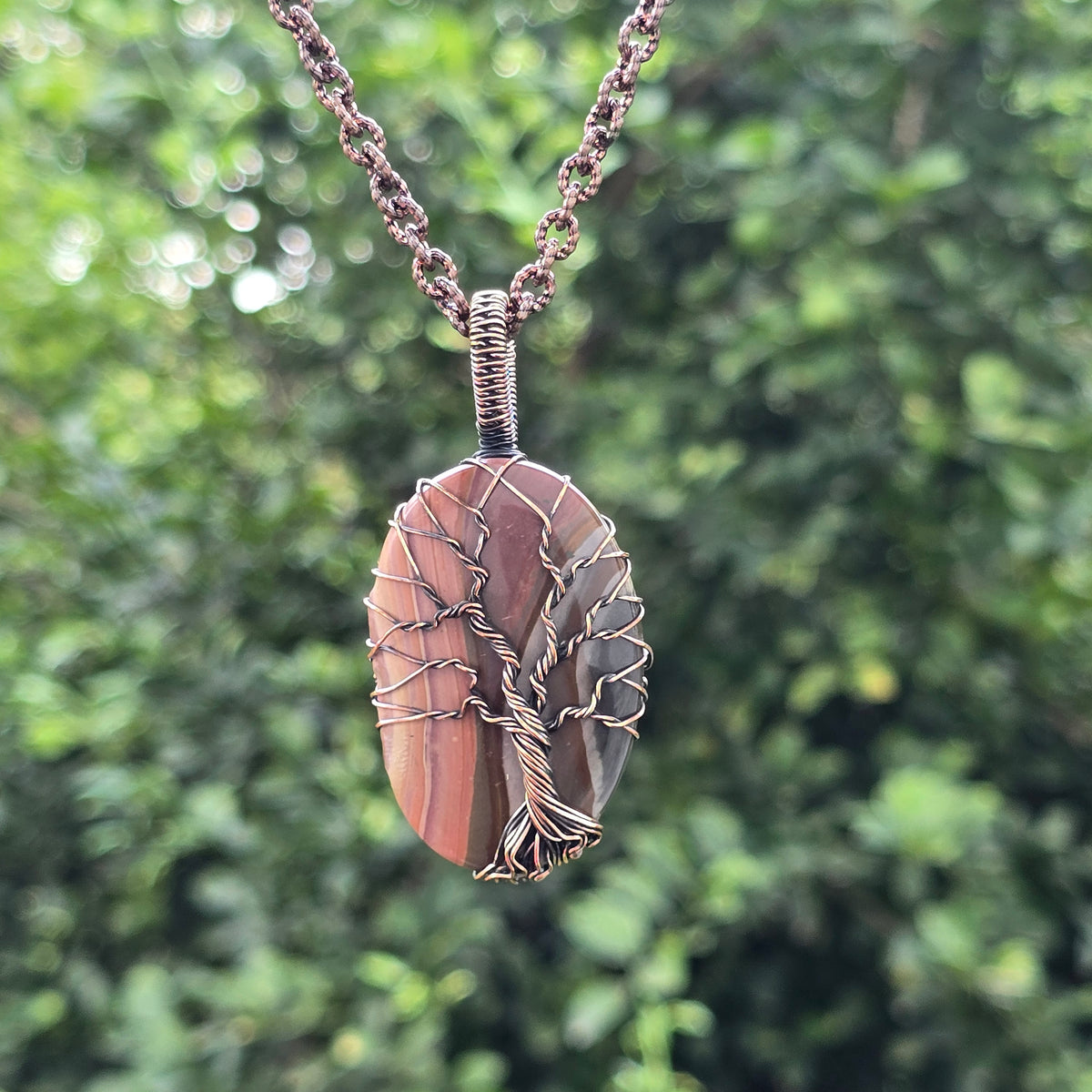 Polychrome Jasper Gemstone Handmade Copper Wire Wrap Chain Pendant 2.55" Sunkarton