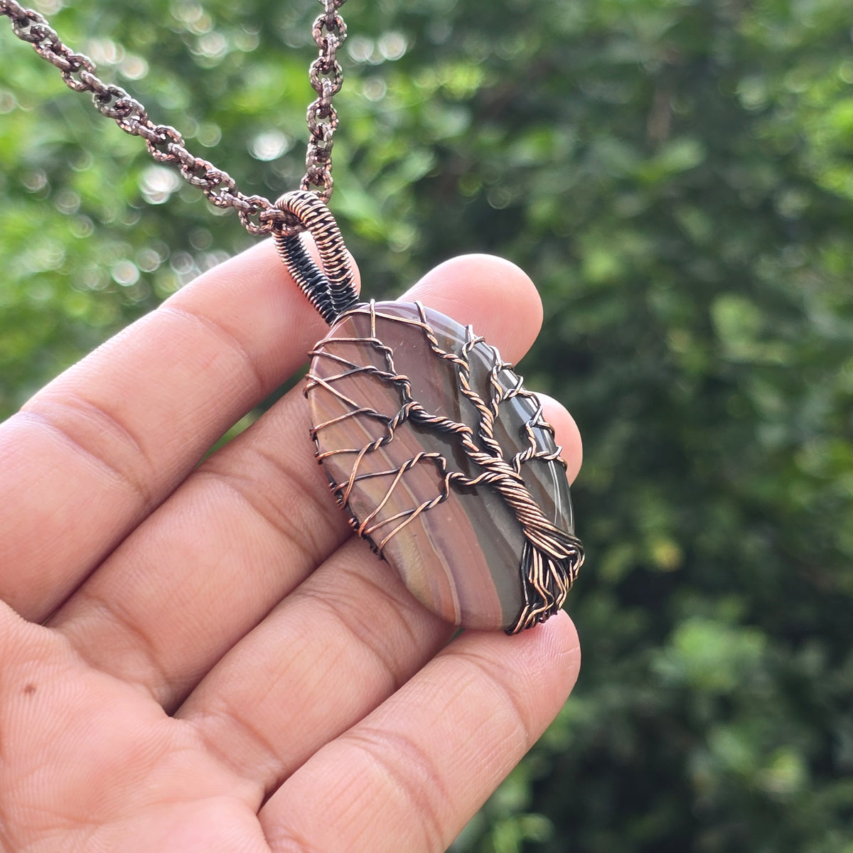 Polychrome Jasper Gemstone Handmade Copper Wire Wrap Chain Pendant 2.55" Sunkarton