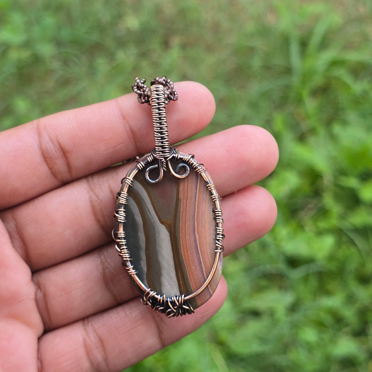 Polychrome Jasper Gemstone Handmade Copper Wire Wrap Chain Pendant 2.55" Sunkarton