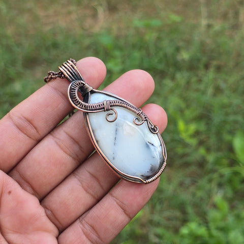 Dendrite Opal Gemstone Handmade Copper Wire Wrap Chain Pendant 2.75