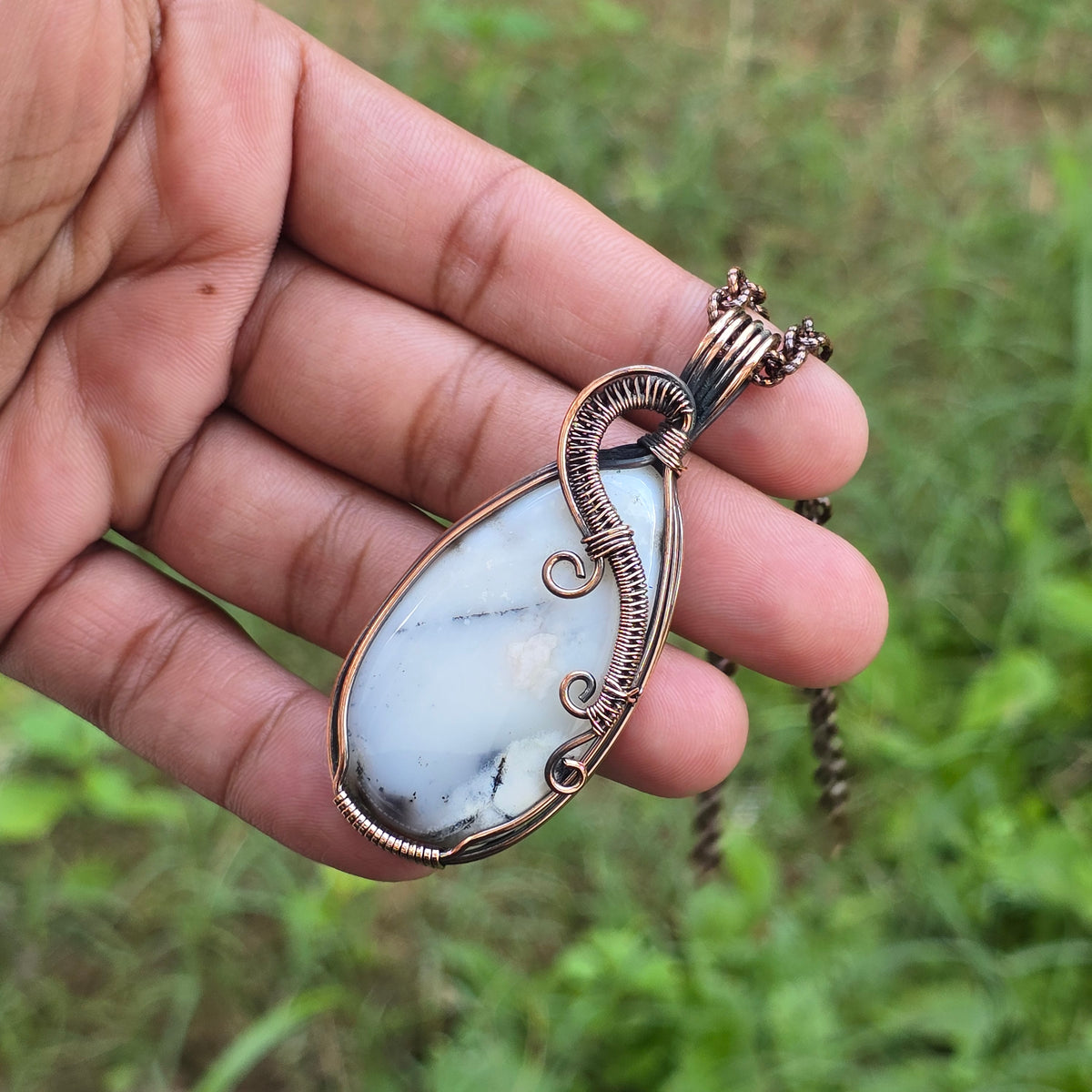 Dendrite Opal Gemstone Handmade Copper Wire Wrap Chain Pendant 2.75" Sunkarton