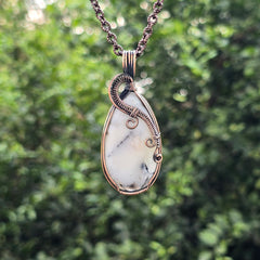 Dendrite Opal Gemstone Handmade Copper Wire Wrap Chain Pendant 2.75" Sunkarton