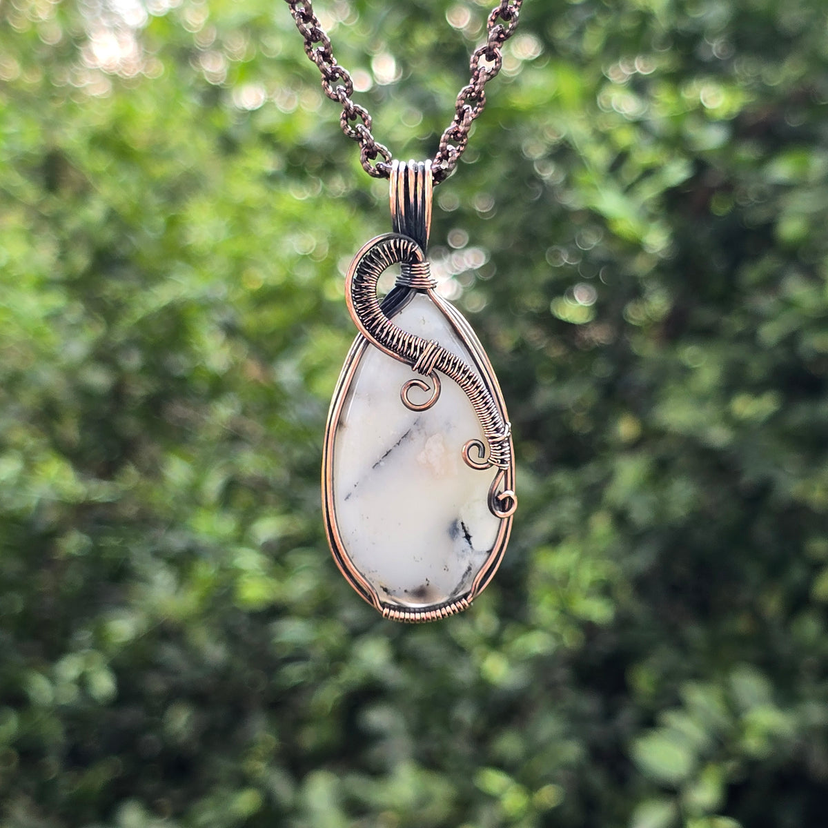 Dendrite Opal Gemstone Handmade Copper Wire Wrap Chain Pendant 2.75" Sunkarton