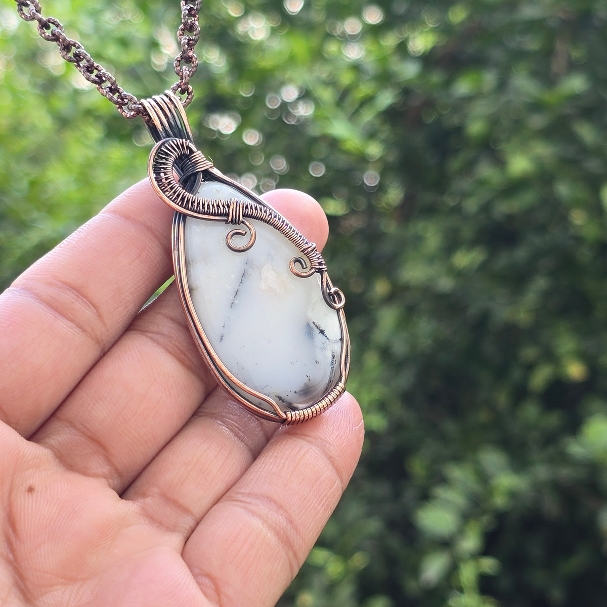 Dendrite Opal Gemstone Handmade Copper Wire Wrap Chain Pendant 2.75" Sunkarton