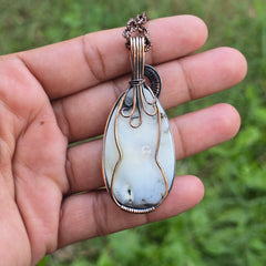 Dendrite Opal Gemstone Handmade Copper Wire Wrap Chain Pendant 2.75" Sunkarton