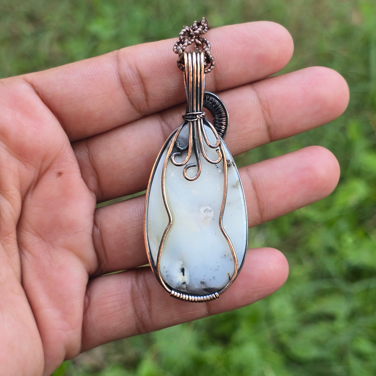 Dendrite Opal Gemstone Handmade Copper Wire Wrap Chain Pendant 2.75" Sunkarton