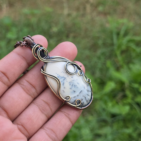 Dendrite Opal Gemstone Handmade Copper Wire Wrap Chain Pendant 2.75