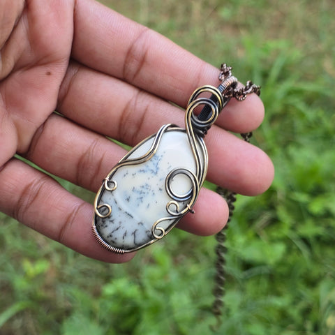 Dendrite Opal Gemstone Handmade Copper Wire Wrap Chain Pendant 2.75