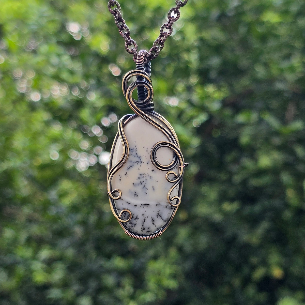 Dendrite Opal Gemstone Handmade Copper Wire Wrap Chain Pendant 2.75" Sunkarton