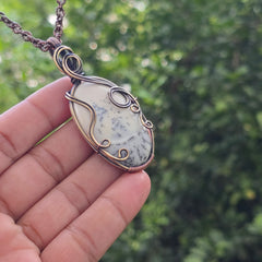 Dendrite Opal Gemstone Handmade Copper Wire Wrap Chain Pendant 2.75" Sunkarton