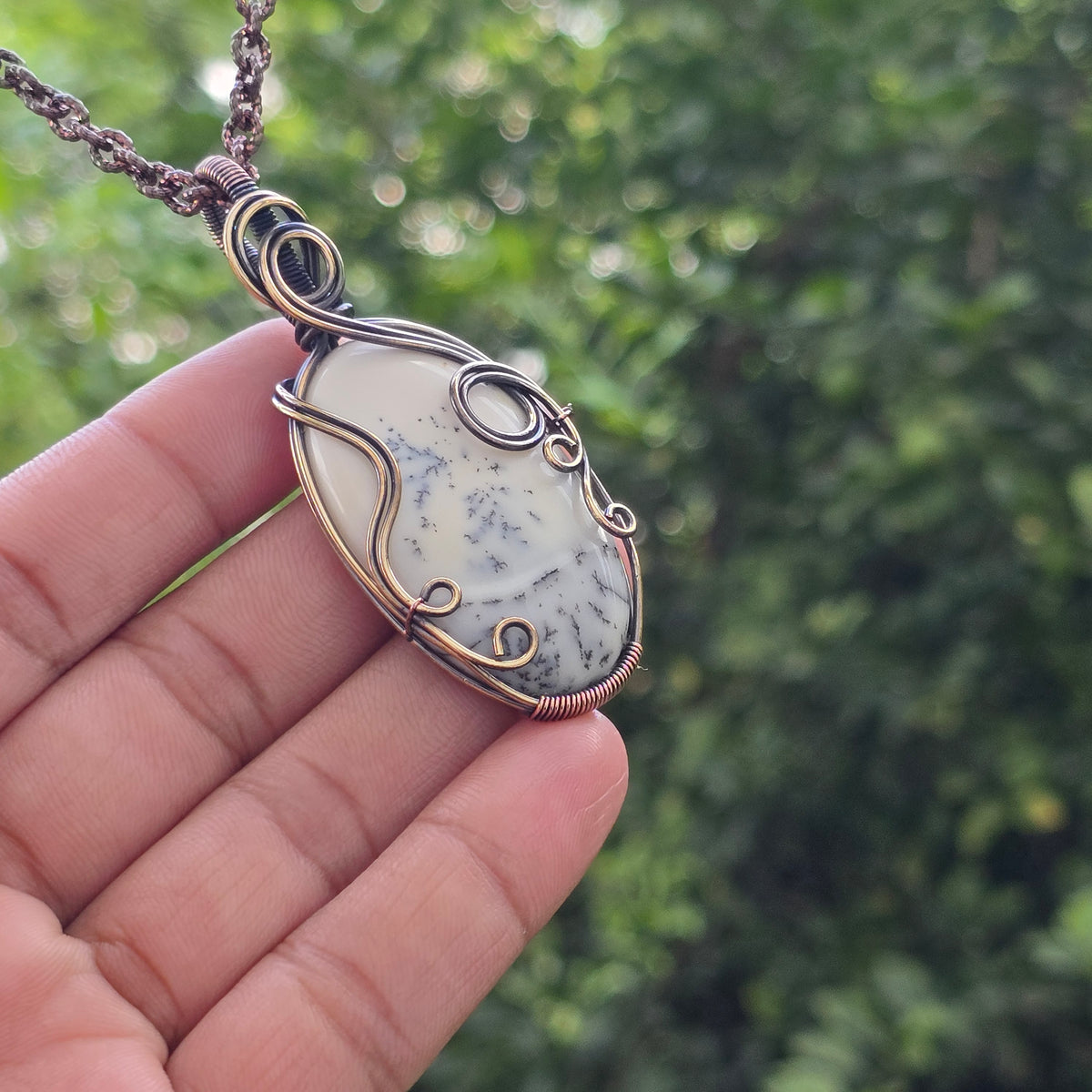 Dendrite Opal Gemstone Handmade Copper Wire Wrap Chain Pendant 2.75" Sunkarton