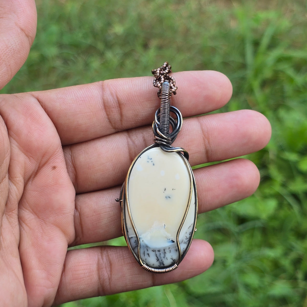 Dendrite Opal Gemstone Handmade Copper Wire Wrap Chain Pendant 2.75" Sunkarton
