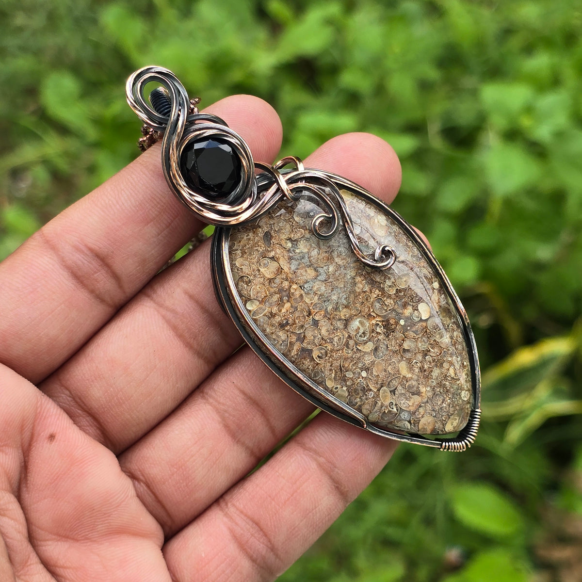 Dinosaur Bone Fossil Gemstone Handmade Copper Wire Wrap Chain Pendant 3.34" Sunkarton