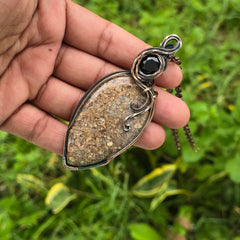 Dinosaur Bone Fossil Gemstone Handmade Copper Wire Wrap Chain Pendant 3.34" Sunkarton