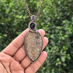 Dinosaur Bone Fossil Gemstone Handmade Copper Wire Wrap Chain Pendant 3.34" Sunkarton