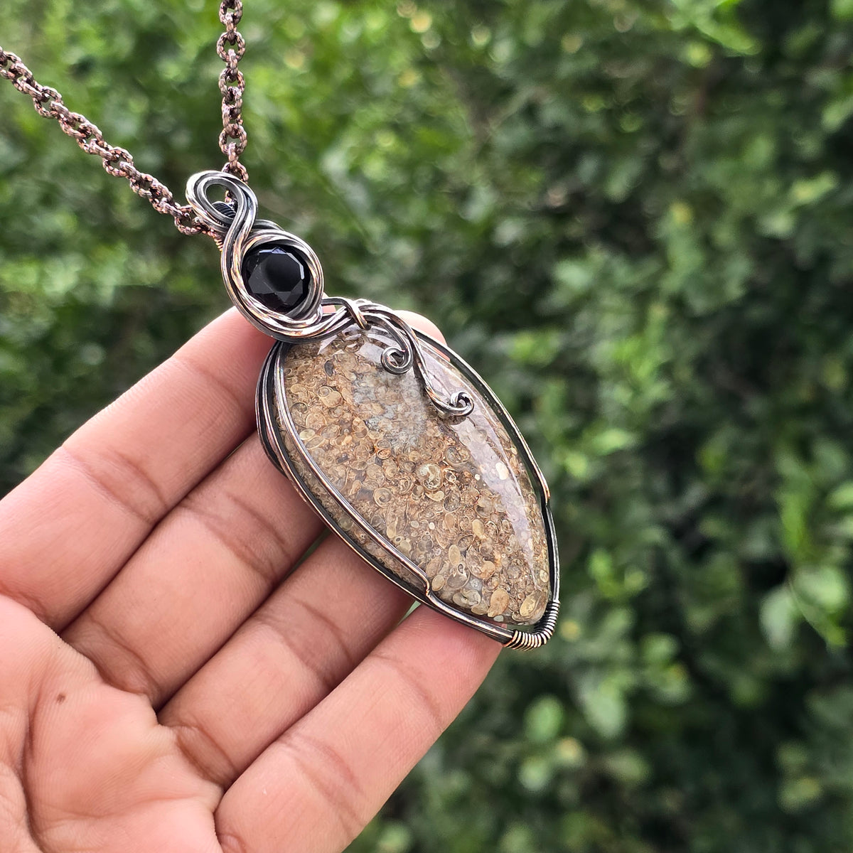 Dinosaur Bone Fossil Gemstone Handmade Copper Wire Wrap Chain Pendant 3.34" Sunkarton