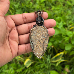 Dinosaur Bone Fossil Gemstone Handmade Copper Wire Wrap Chain Pendant 3.34" Sunkarton