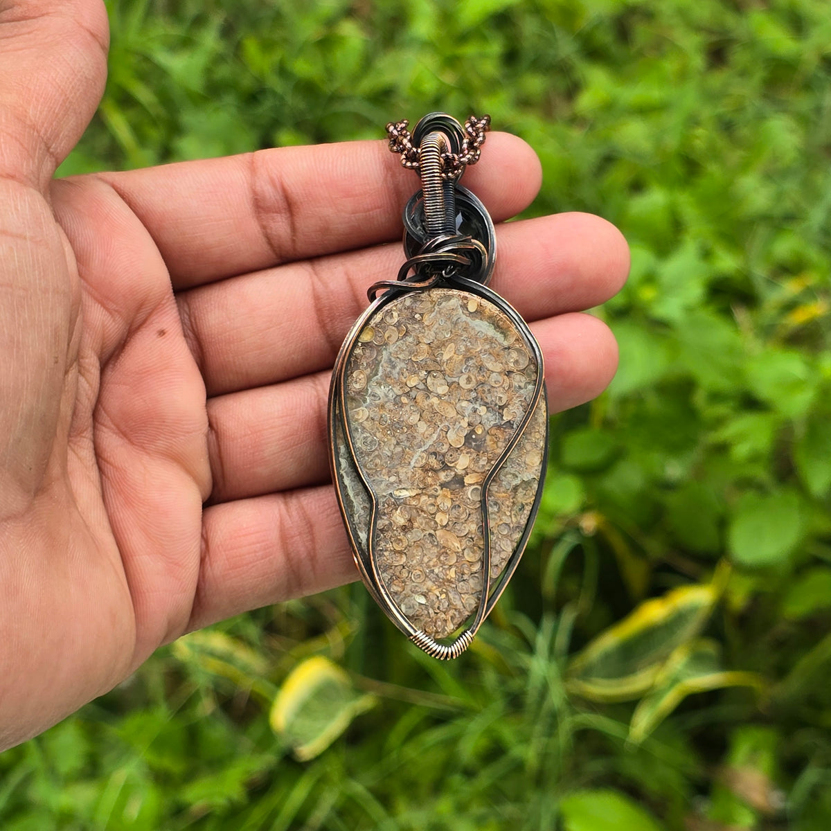 Dinosaur Bone Fossil Gemstone Handmade Copper Wire Wrap Chain Pendant 3.34" Sunkarton