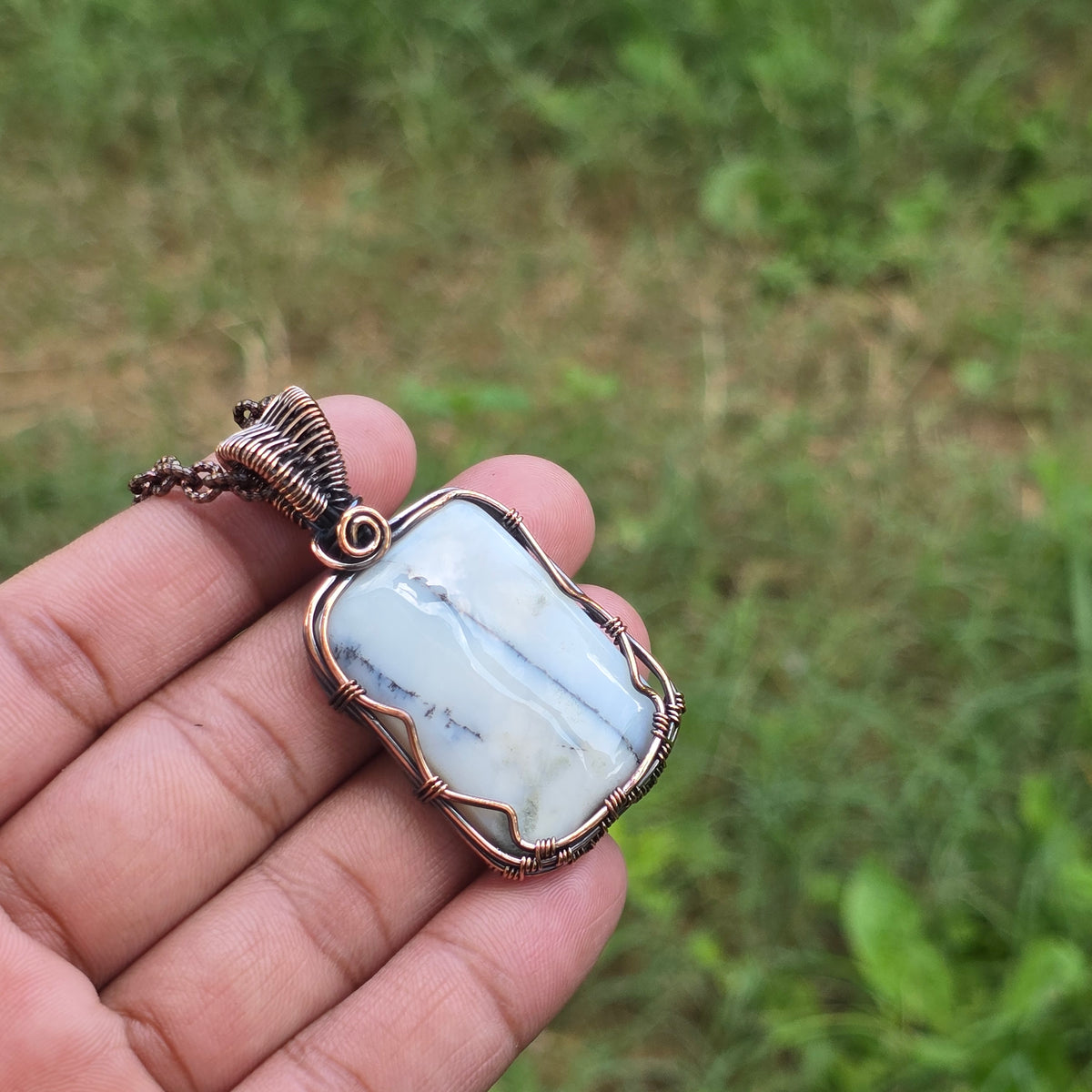 Dendrite Opal Gemstone Handmade Copper Wire Wrap Chain Pendant 2.36" Sunkarton