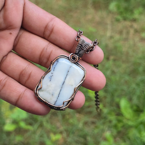 Dendrite Opal Gemstone Handmade Copper Wire Wrap Chain Pendant 2.36