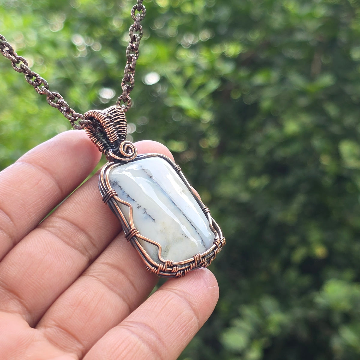 Dendrite Opal Gemstone Handmade Copper Wire Wrap Chain Pendant 2.36" Sunkarton