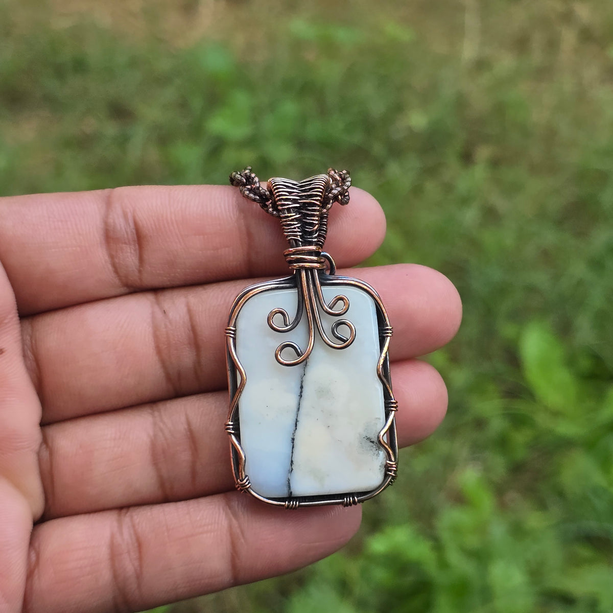 Dendrite Opal Gemstone Handmade Copper Wire Wrap Chain Pendant 2.36" Sunkarton