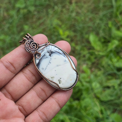Dendrite Opal Gemstone Handmade Copper Wire Wrap Chain Pendant 2.75