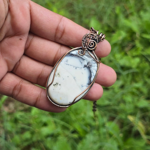 Dendrite Opal Gemstone Handmade Copper Wire Wrap Chain Pendant 2.75