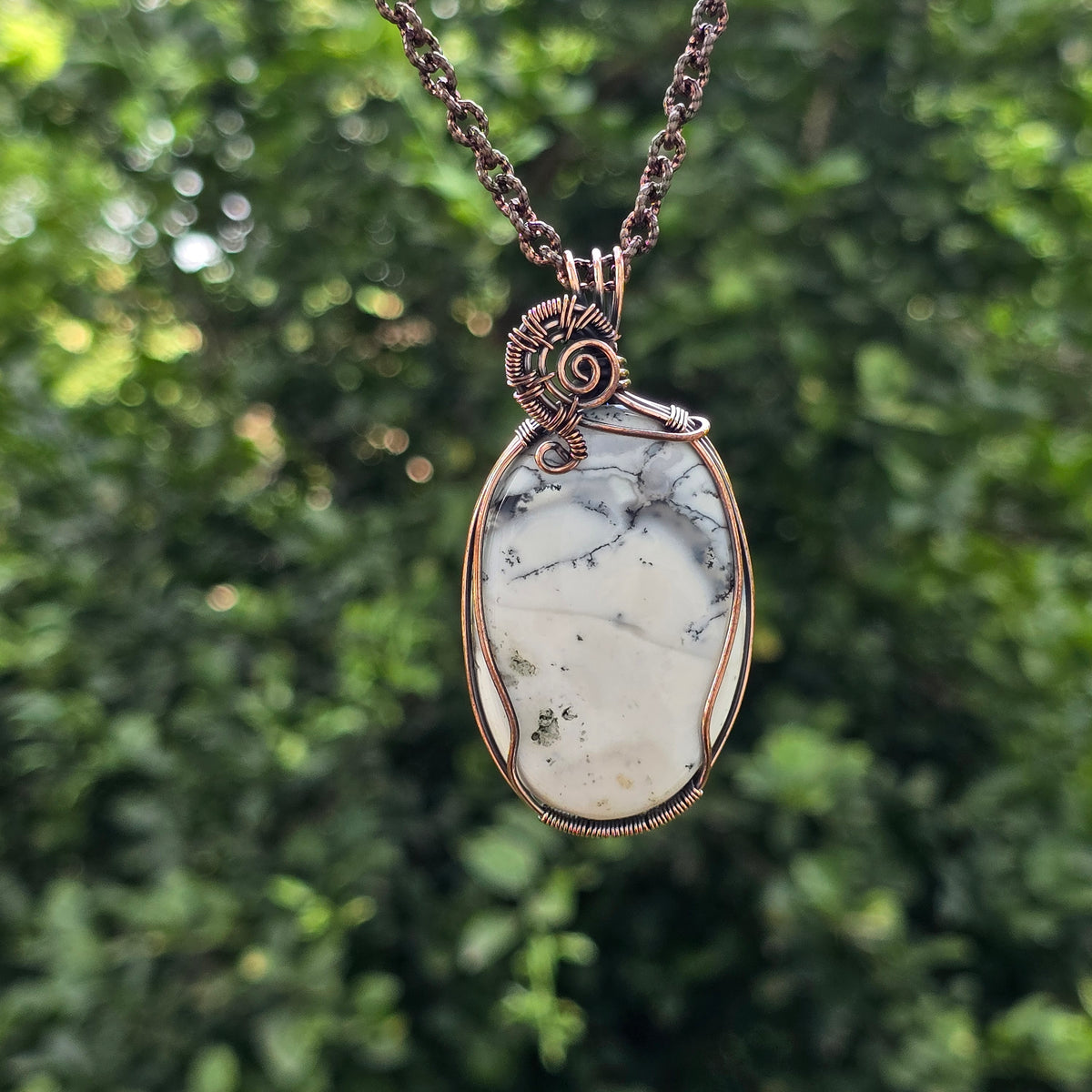 Dendrite Opal Gemstone Handmade Copper Wire Wrap Chain Pendant 2.75" Sunkarton