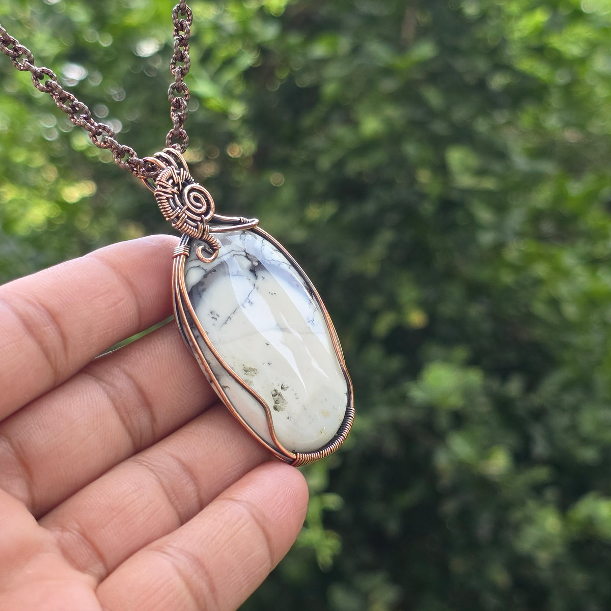 Dendrite Opal Gemstone Handmade Copper Wire Wrap Chain Pendant 2.75" Sunkarton