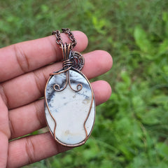 Dendrite Opal Gemstone Handmade Copper Wire Wrap Chain Pendant 2.75" Sunkarton