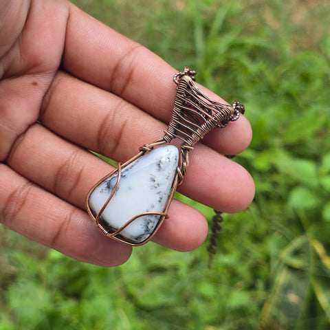 Dendrite Opal Gemstone Handmade Copper Wire Wrap Chain Pendant 2.16