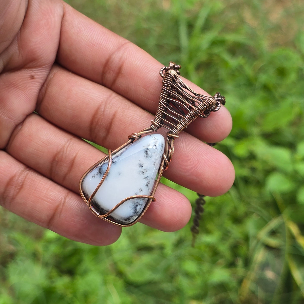 Dendrite Opal Gemstone Handmade Copper Wire Wrap Chain Pendant 2.16" Sunkarton