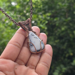 Dendrite Opal Gemstone Handmade Copper Wire Wrap Chain Pendant 2.16" Sunkarton