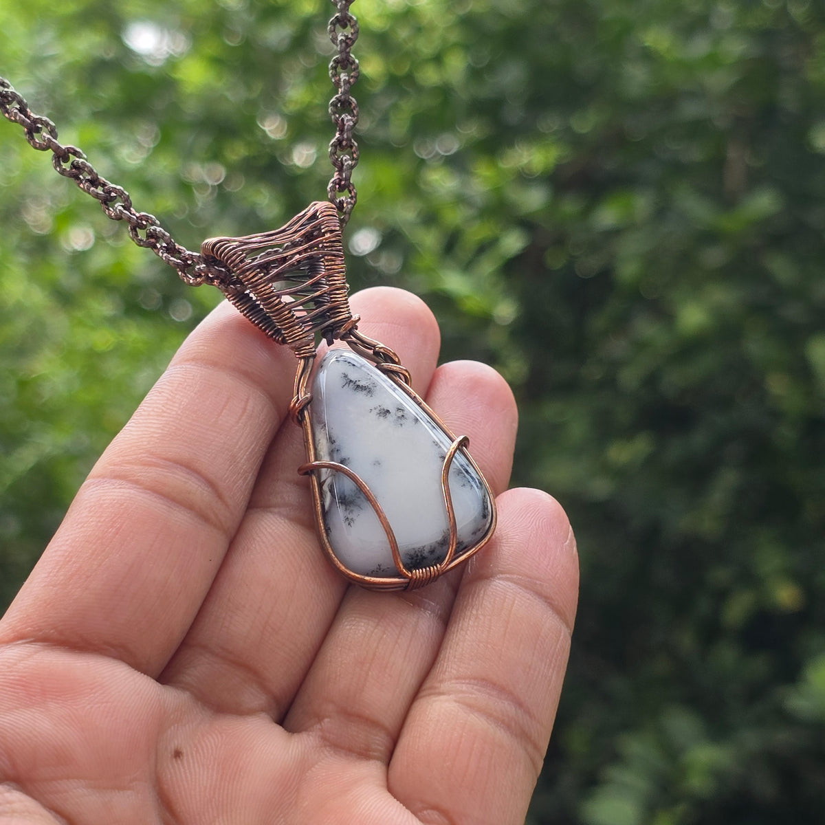 Dendrite Opal Gemstone Handmade Copper Wire Wrap Chain Pendant 2.16" Sunkarton