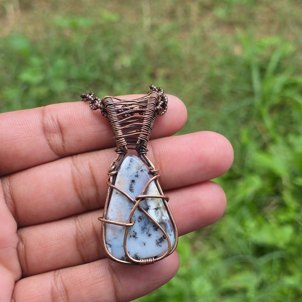 Dendrite Opal Gemstone Handmade Copper Wire Wrap Chain Pendant 2.16" Sunkarton