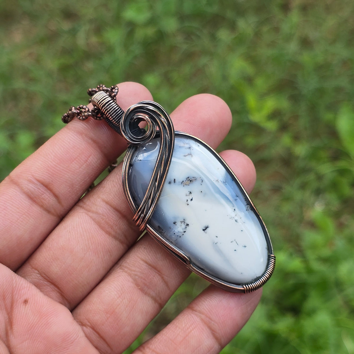 Dendrite Opal Gemstone Handmade Copper Wire Wrap Chain Pendant 2.16" Sunkarton