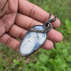 Dendrite Opal Gemstone Handmade Copper Wire Wrap Chain Pendant 2.16" Sunkarton